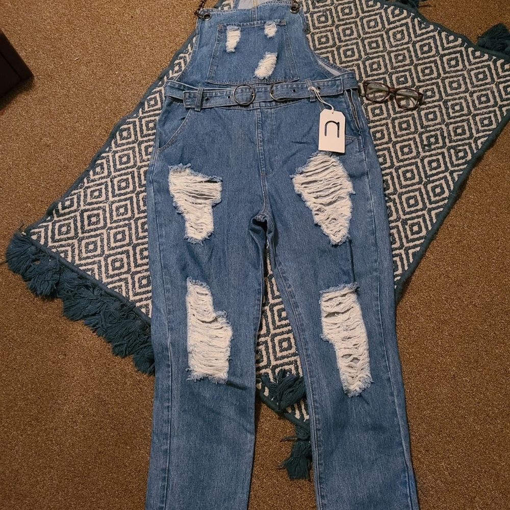 Women's Distressed Blue Denim Overalls